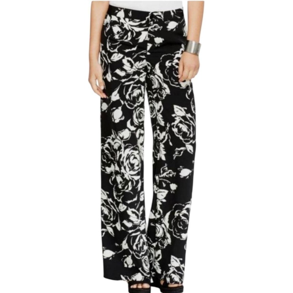 Lauren Ralph Lauren Black White Rose Floral Wide Leg Pants Trousers Womens 8